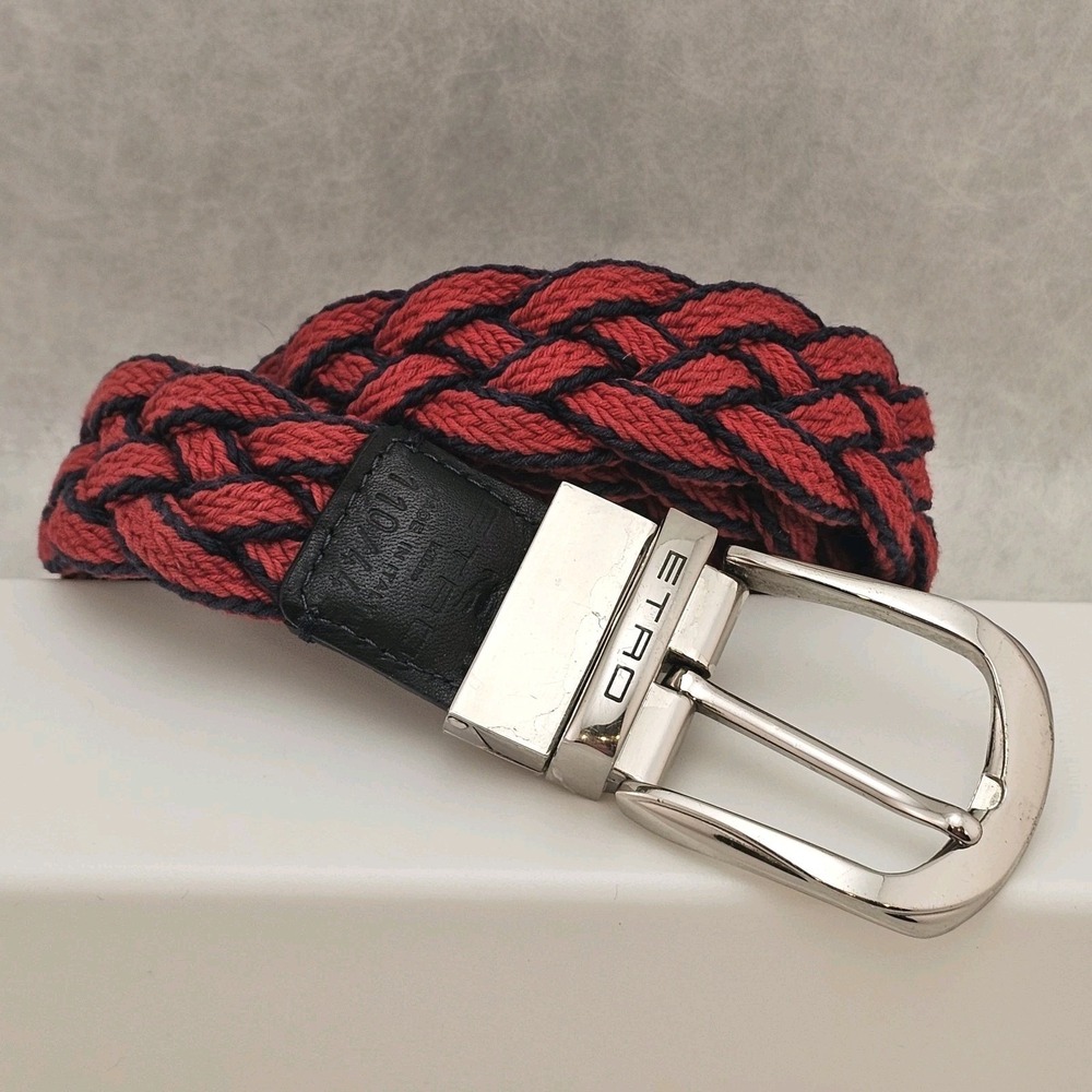 ETRO Italian Reversible Red/Black Hand Woven Belt w Leather Details 39"